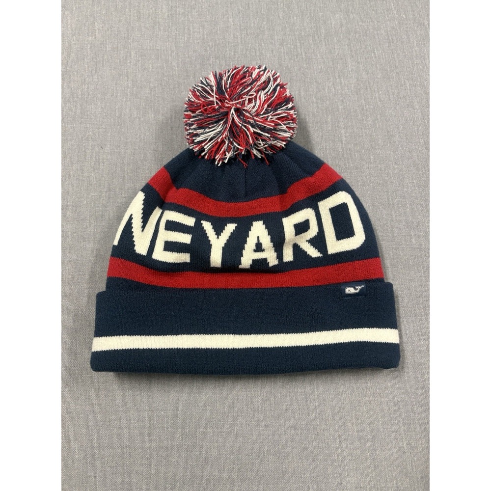 Vineyard Vines Text Logo Pom Beanie Cuffed Knit Navy Blue One Size NWT